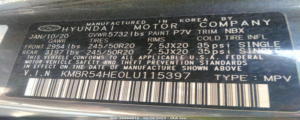 KM8R54HE0LU115397 2020 HYUNDAI PALISADE photo no. 9