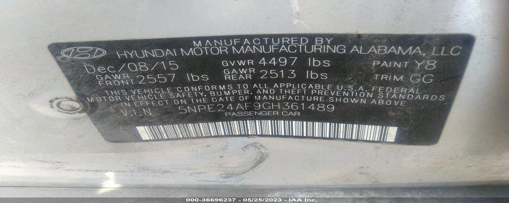 5NPE24AF9GH361489 2016 HYUNDAI SONATA photo no. 9