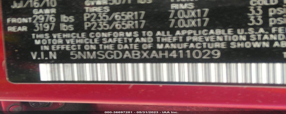 5NMSGDABXAH411029 2010 HYUNDAI SANTA FE photo no. 9