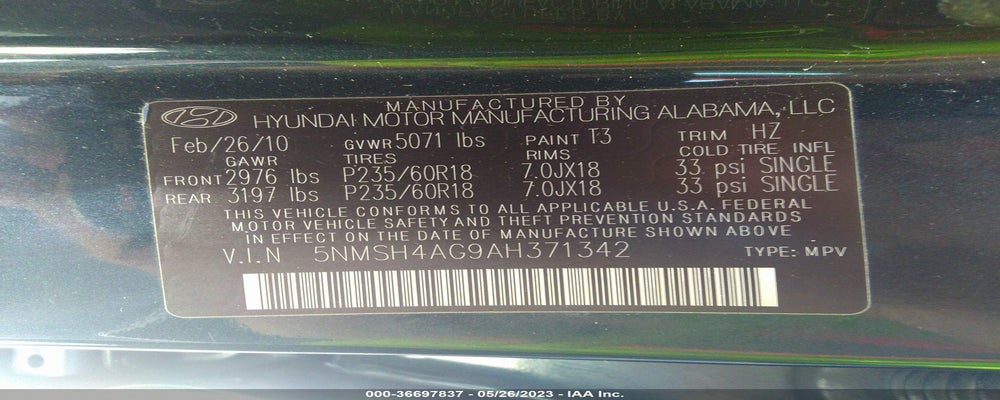 5NMSH4AG9AH371342 2010 HYUNDAI SANTA FE photo no. 9