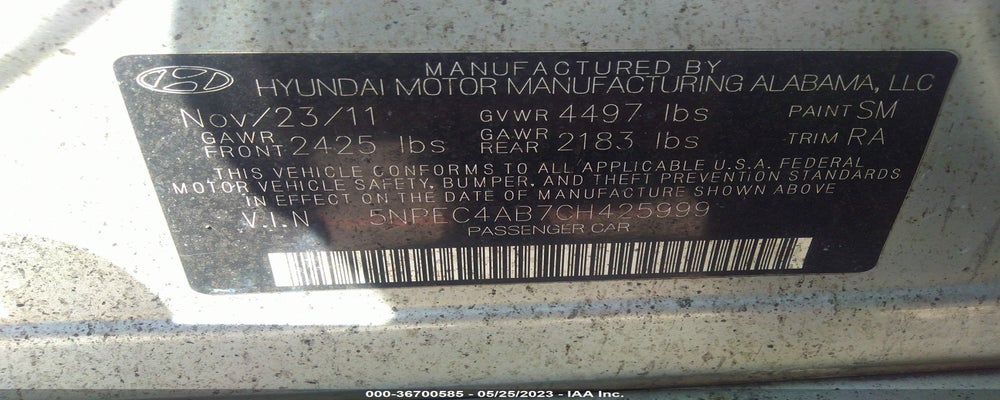 5NPEC4AB7CH425999 2012 HYUNDAI SONATA photo no. 9