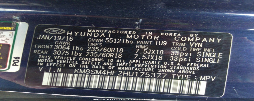 KM8SM4HF2HU175377 2017 HYUNDAI SANTA FE photo no. 9