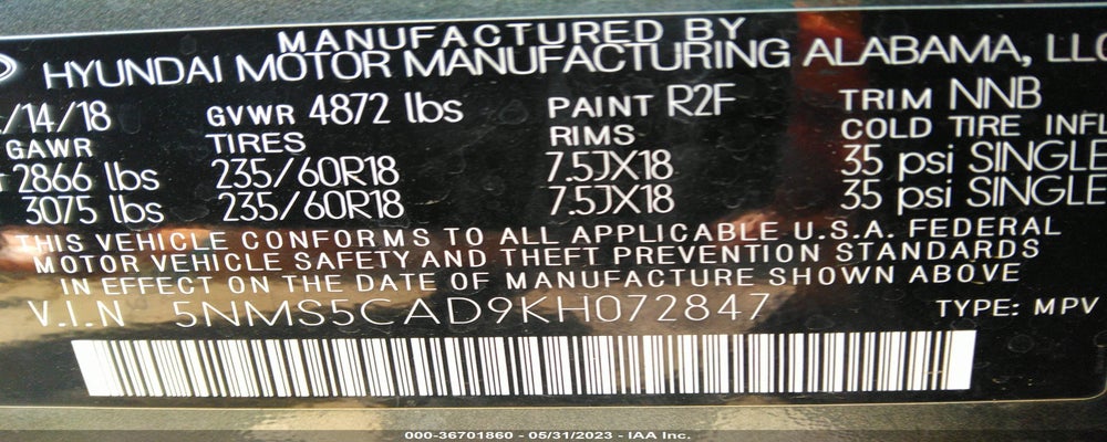 5NMS5CAD9KH072847 2019 HYUNDAI SANTA FE photo no. 9