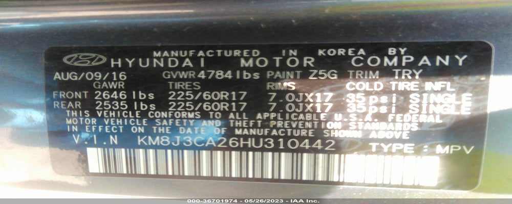 KM8J3CA26HU310442 2017 HYUNDAI TUCSON photo no. 9