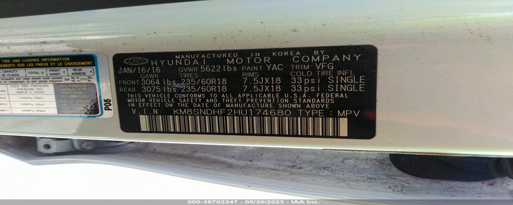 KM8SNDHF2HU174680 2017 HYUNDAI SANTA FE photo no. 9