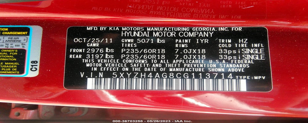 5XYZH4AG8CG113714 2012 HYUNDAI SANTA FE photo no. 9