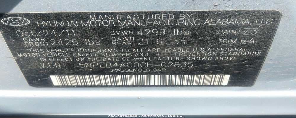 5NPEB4AC0CH402835 2012 HYUNDAI SONATA photo no. 9