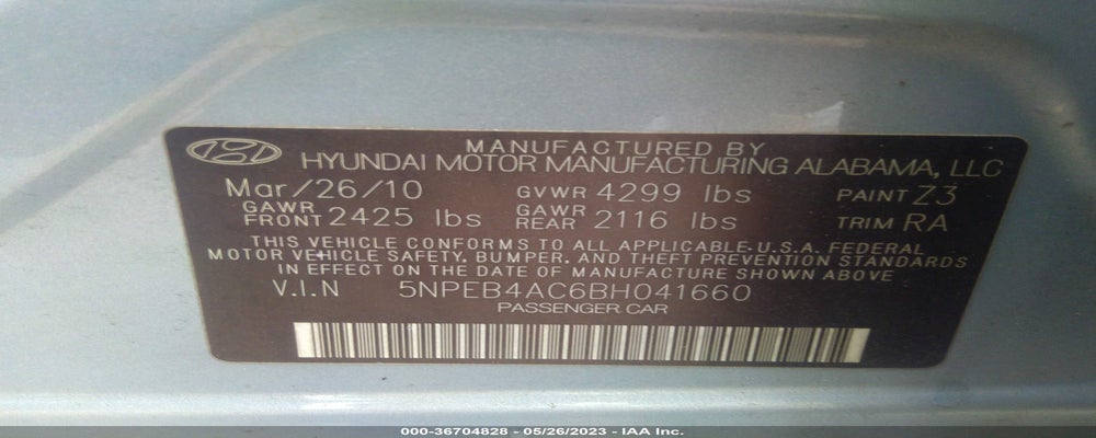 5NPEB4AC6BH041660 2011 HYUNDAI SONATA photo no. 9