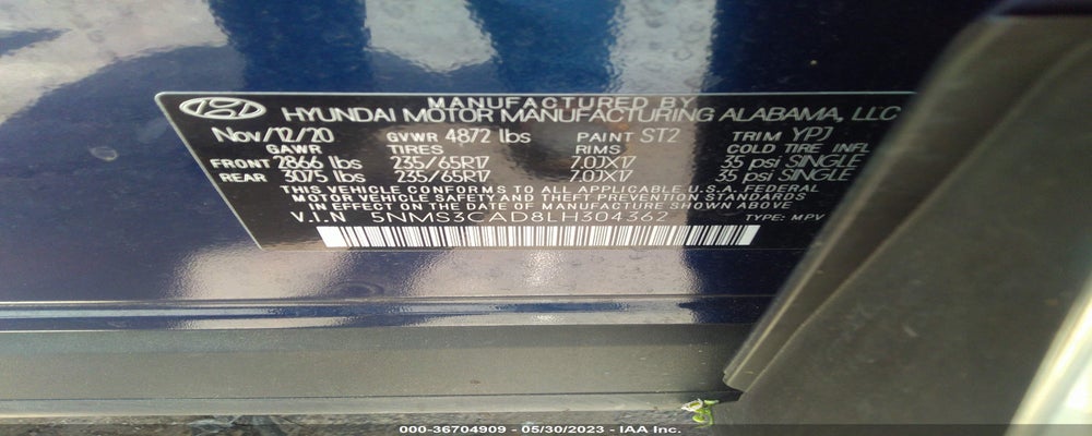 5NMS3CAD8LH304362 2020 HYUNDAI SANTA FE photo no. 9