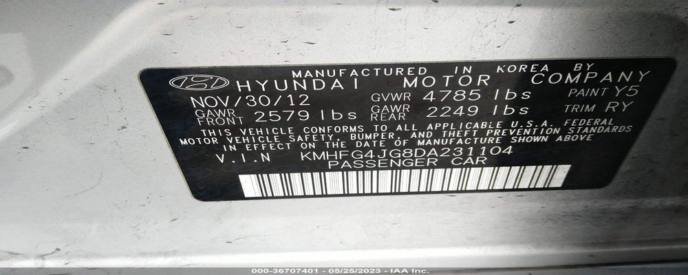 KMHFG4JG8DA231104 2013 HYUNDAI AZERA photo no. 9