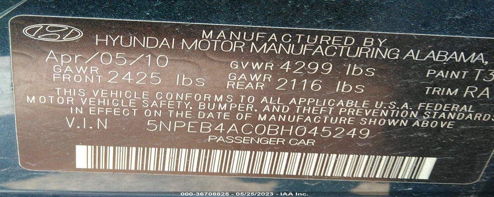 5NPEB4AC0BH045249 2011 HYUNDAI SONATA photo no. 9