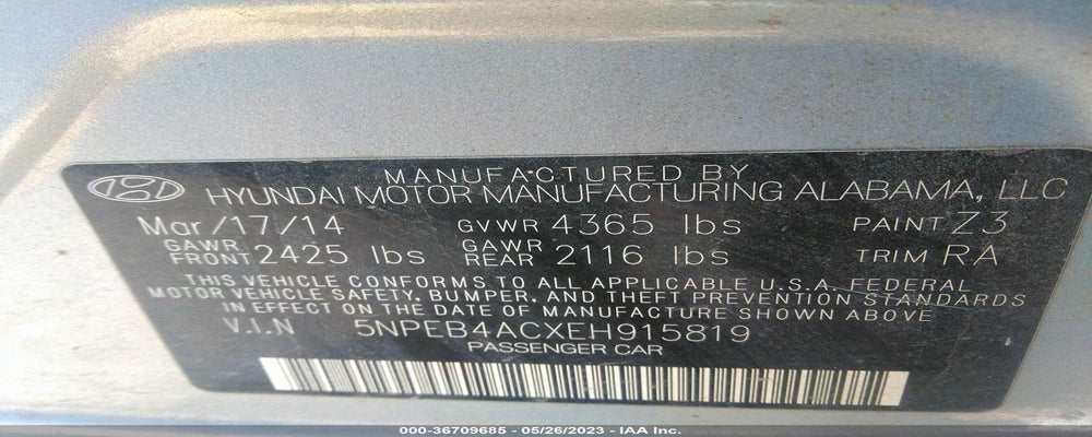 5NPEB4ACXEH915819 2014 HYUNDAI SONATA photo no. 9