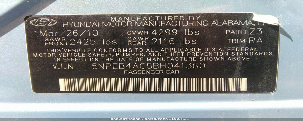 5NPEB4AC5BH041360 2011 HYUNDAI SONATA photo no. 9