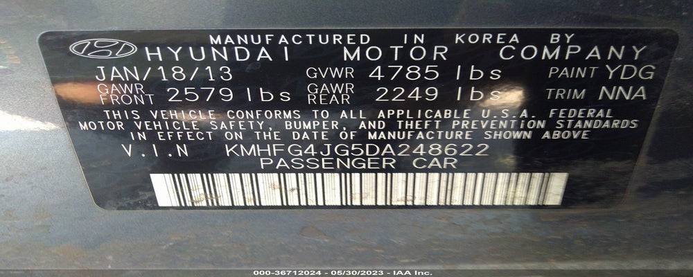 KMHFG4JG5DA248622 2013 HYUNDAI AZERA photo no. 9