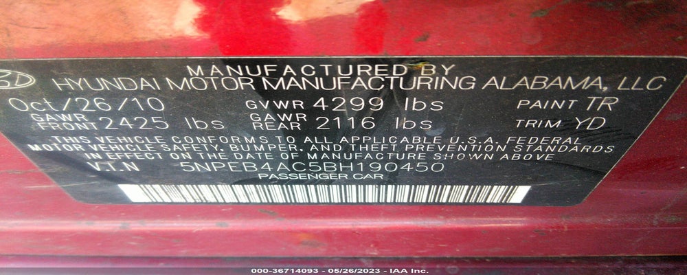 5NPEB4AC5BH190450 2011 HYUNDAI SONATA photo no. 9