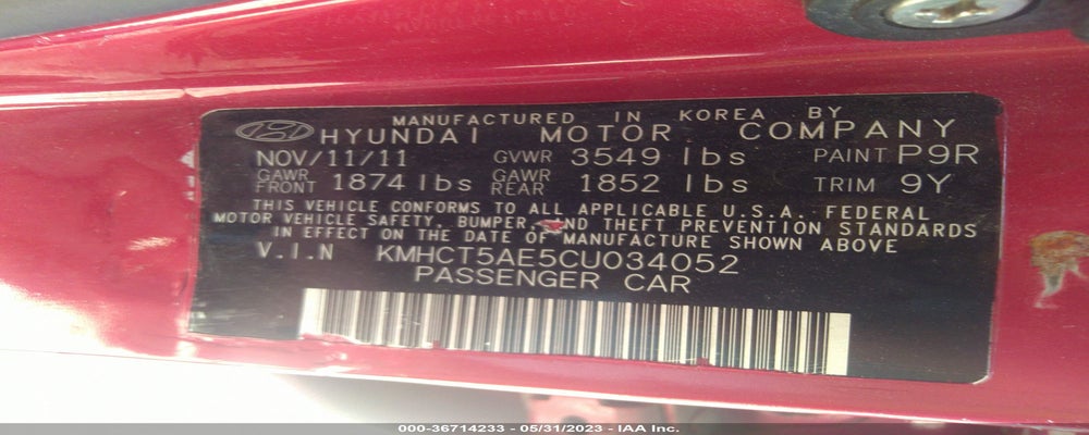KMHCT5AE5CU034052 2012 HYUNDAI ACCENT photo no. 9