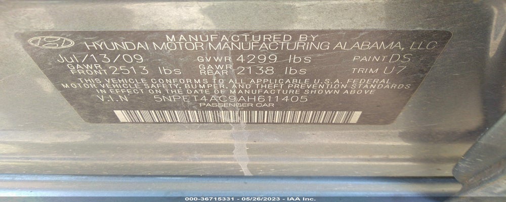 5NPET4AC9AH611405 2010 HYUNDAI SONATA photo no. 9