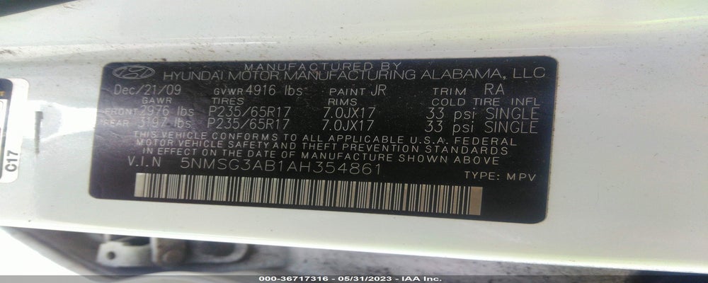 5NMSG3AB1AH354861 2010 HYUNDAI SANTA FE photo no. 9