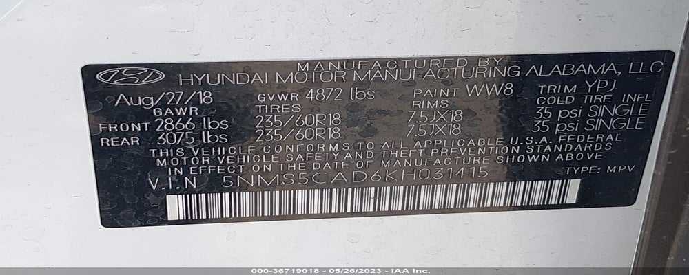 5NMS5CAD6KH031415 2019 HYUNDAI SANTA FE photo no. 9
