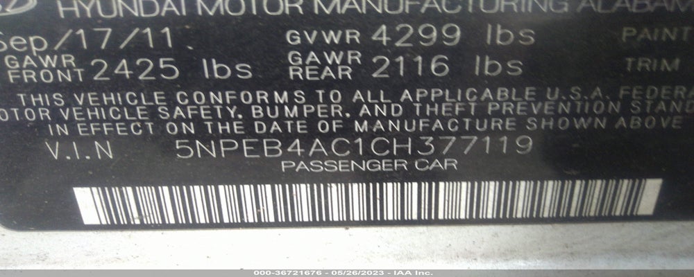 5NPEB4AC1CH377119 2012 HYUNDAI SONATA photo no. 9