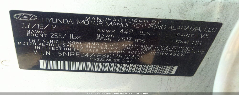 5NPE24AF8KH812405 2019 HYUNDAI SONATA photo no. 9