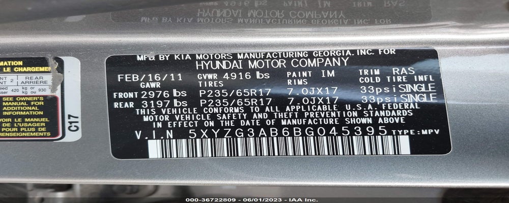 5XYZG3AB6BG045395 2011 HYUNDAI SANTA FE photo no. 9