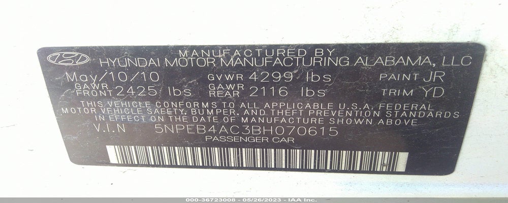 5NPEB4AC3BH070615 2011 HYUNDAI SONATA photo no. 9