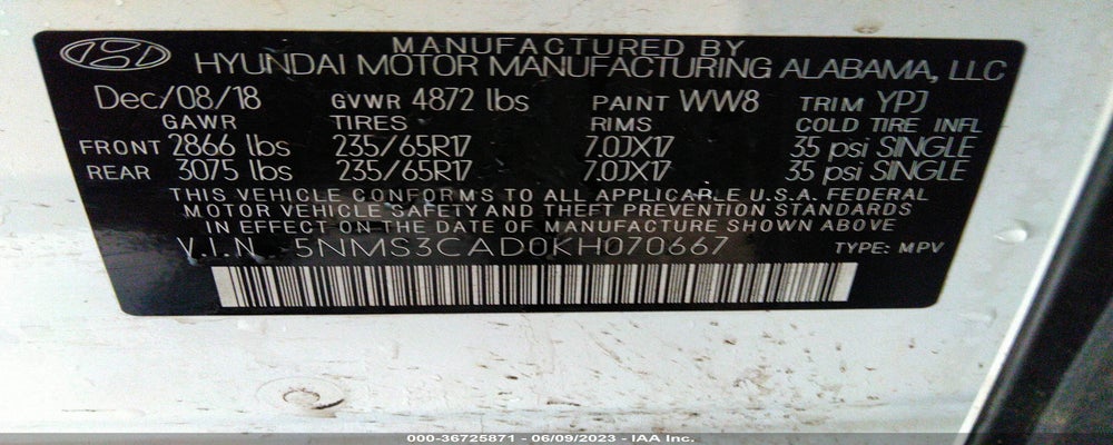 5NMS3CAD0KH070667 2019 HYUNDAI SANTA FE photo no. 9
