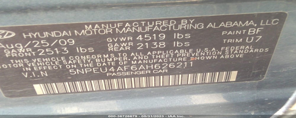 5NPEU4AF6AH626211 2010 HYUNDAI SONATA photo no. 9