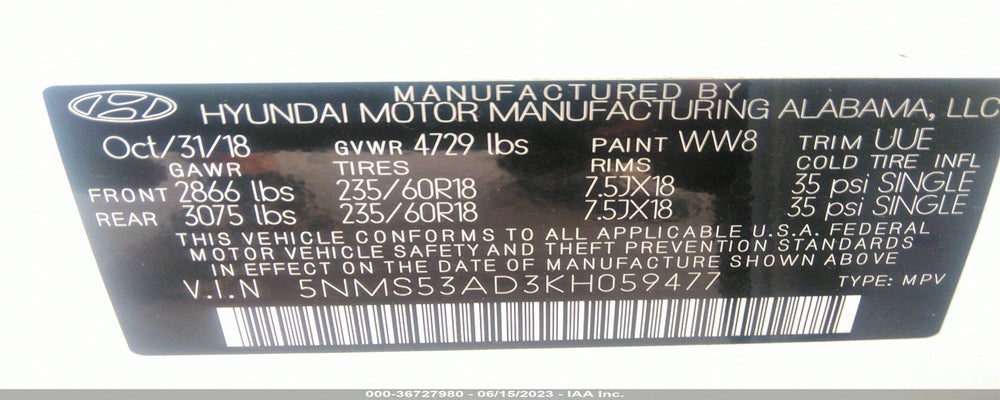 5NMS53AD3KH059477 2019 HYUNDAI SANTA FE photo no. 9