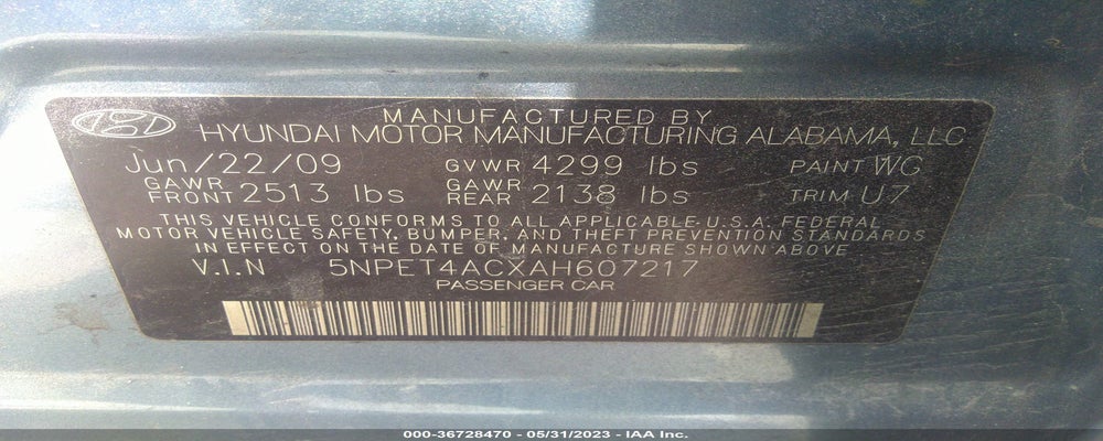 5NPET4ACXAH607217 2010 HYUNDAI SONATA photo no. 9