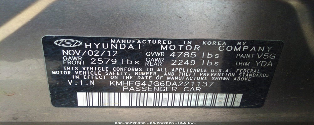 KMHFG4JG6DA221137 2013 HYUNDAI AZERA photo no. 9