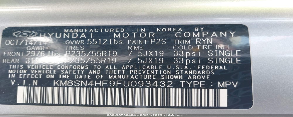 KM8SN4HF9FU093432 2015 HYUNDAI SANTA FE photo no. 9