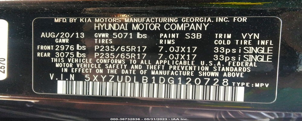 5XYZUDLB1DG120728 2013 HYUNDAI SANTA FE photo no. 9