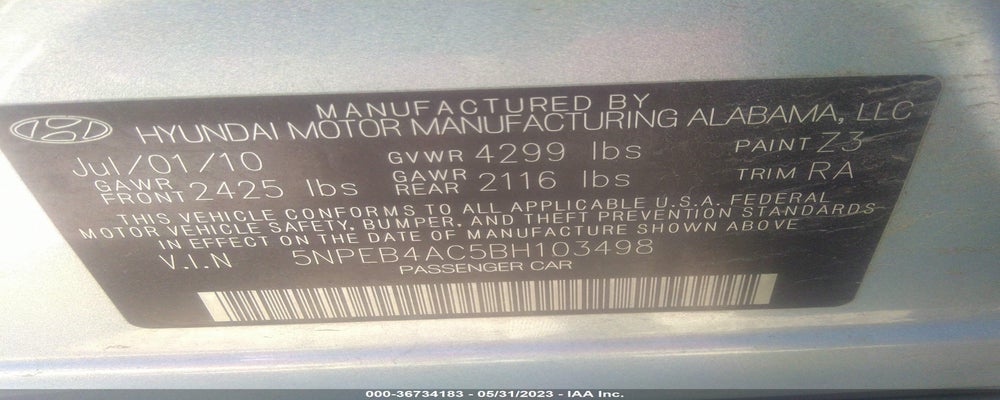 5NPEB4AC5BH103498 2011 HYUNDAI SONATA photo no. 9