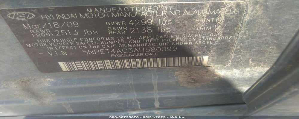 5NPET4AC3AH580099 2010 HYUNDAI SONATA photo no. 9