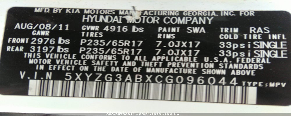 5XYZG3ABXCG096044 2012 HYUNDAI SANTA FE photo no. 9