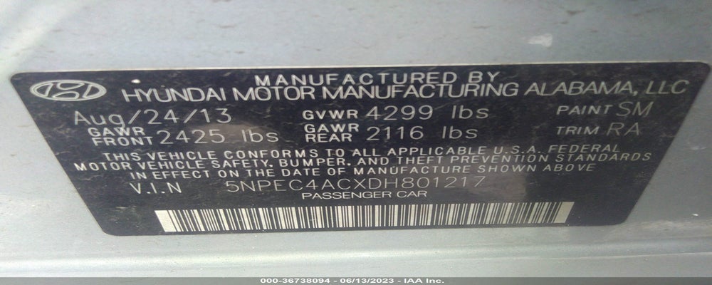 5NPEC4ACXDH801217 2013 HYUNDAI SONATA photo no. 9