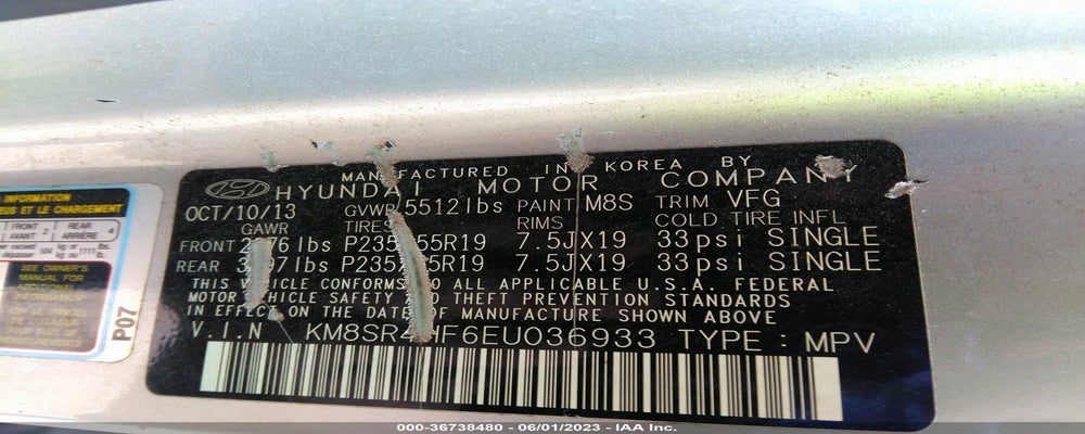 KM8SR4HF6EU036933 2014 HYUNDAI SANTA FE photo no. 9