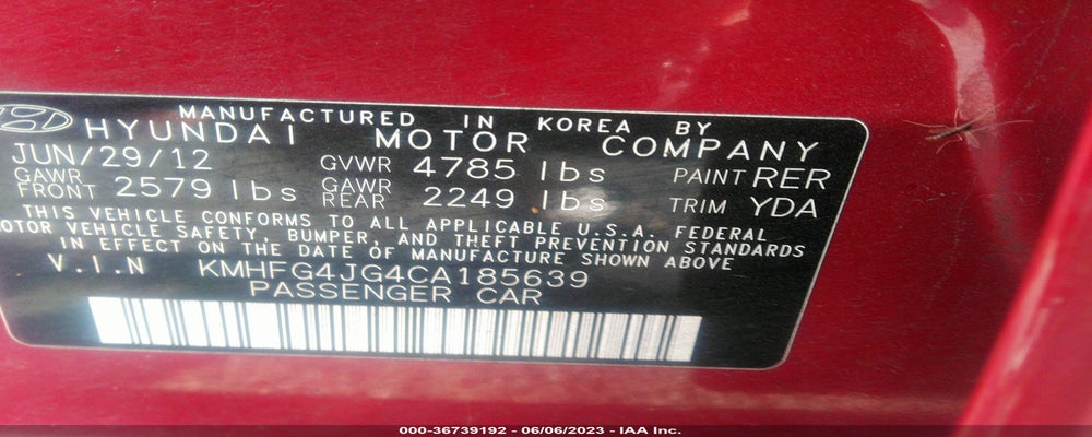 KMHFG4JG4CA185639 2012 HYUNDAI AZERA photo no. 9