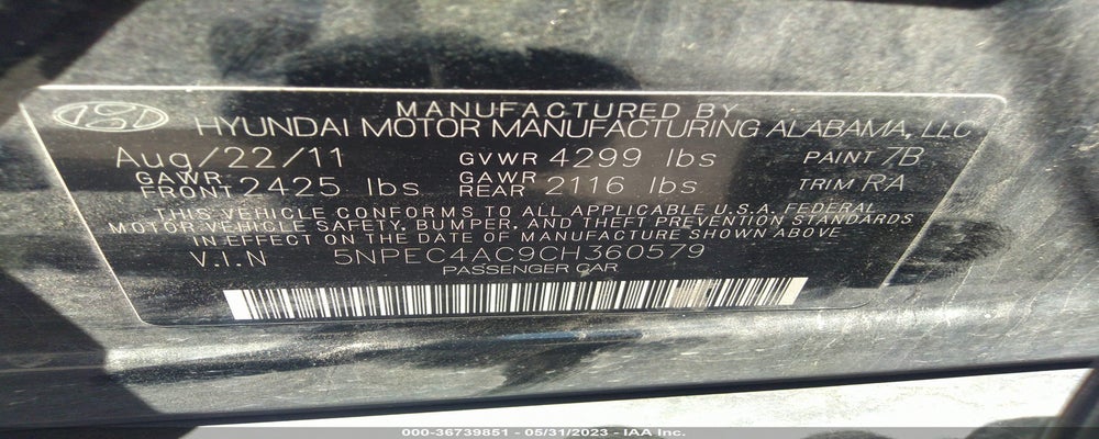 5NPEC4AC9CH360579 2012 HYUNDAI SONATA photo no. 9
