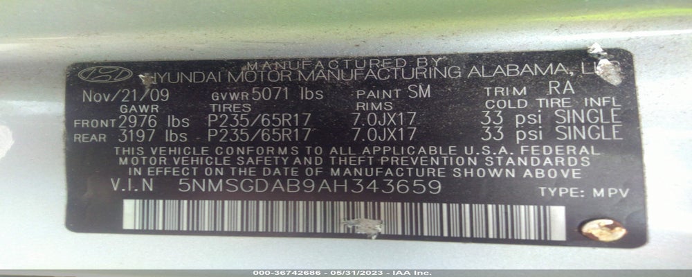 5NMSGDAB9AH343659 2010 HYUNDAI SANTA FE photo no. 9
