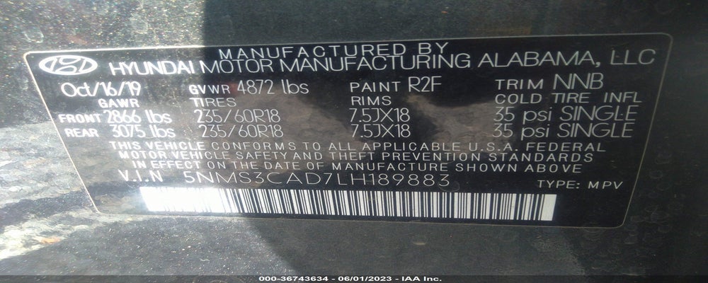 5NMS3CAD7LH189883 2020 HYUNDAI SANTA FE photo no. 9