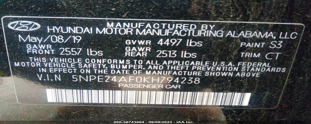 5NPE24AF0KH794238 2019 HYUNDAI SONATA photo no. 9