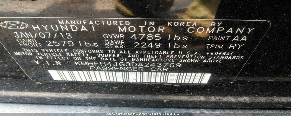 KMHFH4JG3DA243769 2013 HYUNDAI AZERA photo no. 9