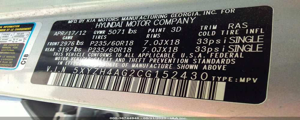 5XYZH4AG2CG152430 2012 HYUNDAI SANTA FE photo no. 9