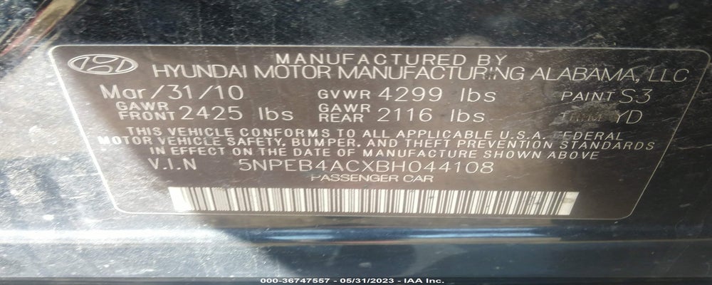 5NPEB4ACXBH044108 2011 HYUNDAI SONATA photo no. 9