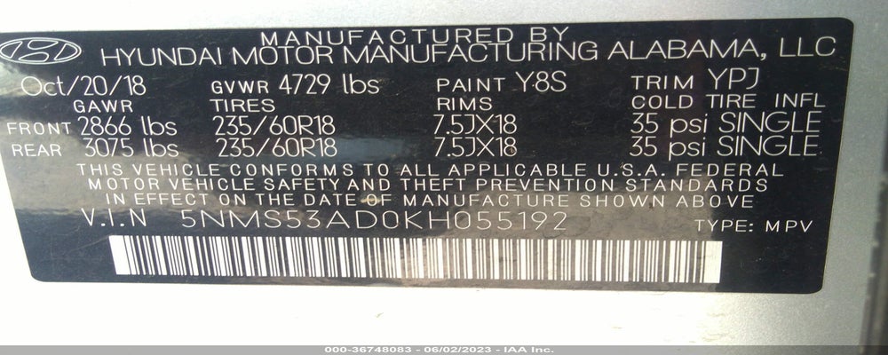 5NMS53AD0KH055192 2019 HYUNDAI SANTA FE photo no. 9