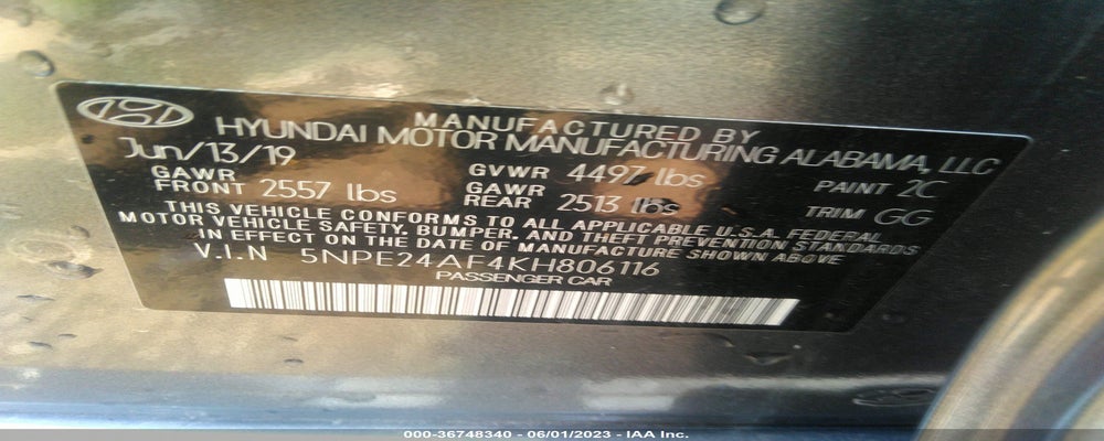 5NPE24AF4KH806116 2019 HYUNDAI SONATA photo no. 9