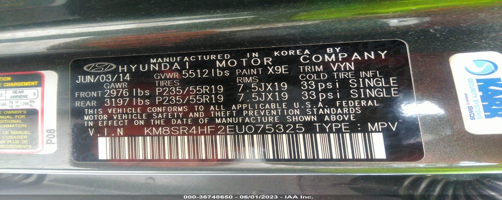 KM8SR4HF2EU075325 2014 HYUNDAI SANTA FE photo no. 9